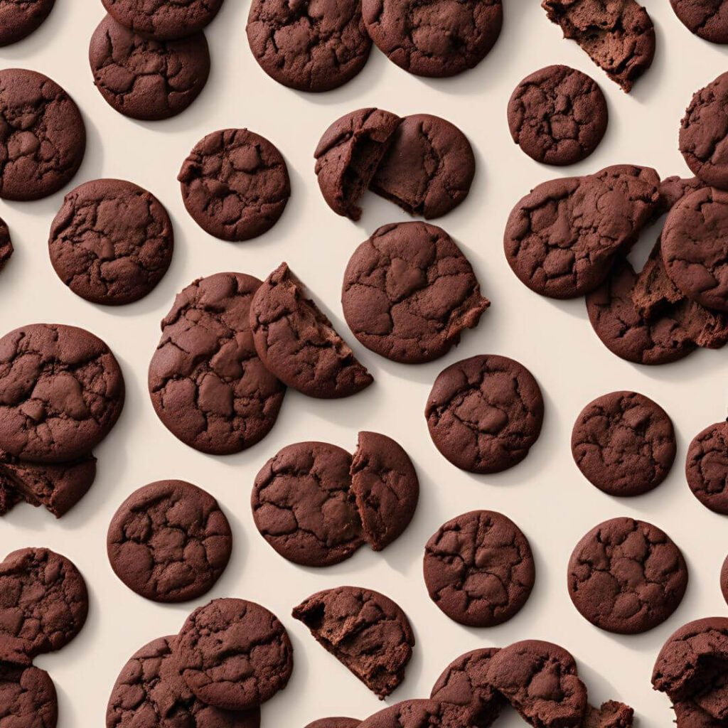 Chocolate cookies arranged on a plate, with a rich, dark brown color and chunks of chocolate visibly mixed throughout