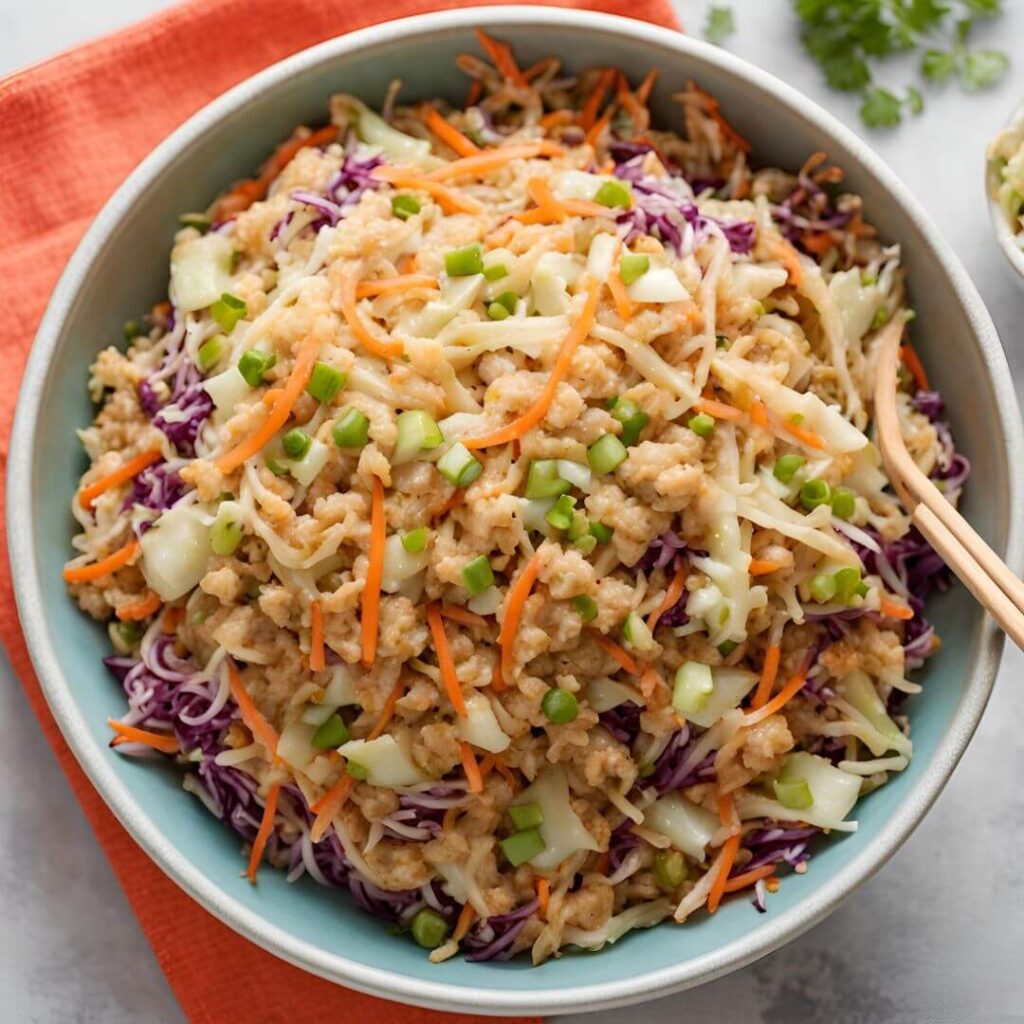 Egg Roll In A Bowl made with coleslaw mix, featuring a vibrant blend of shredded cabbage, carrots, and green onions, all stir-fried with ground meat and savory seasonings, garnished with sesame seeds and sliced green onions in a white bowl