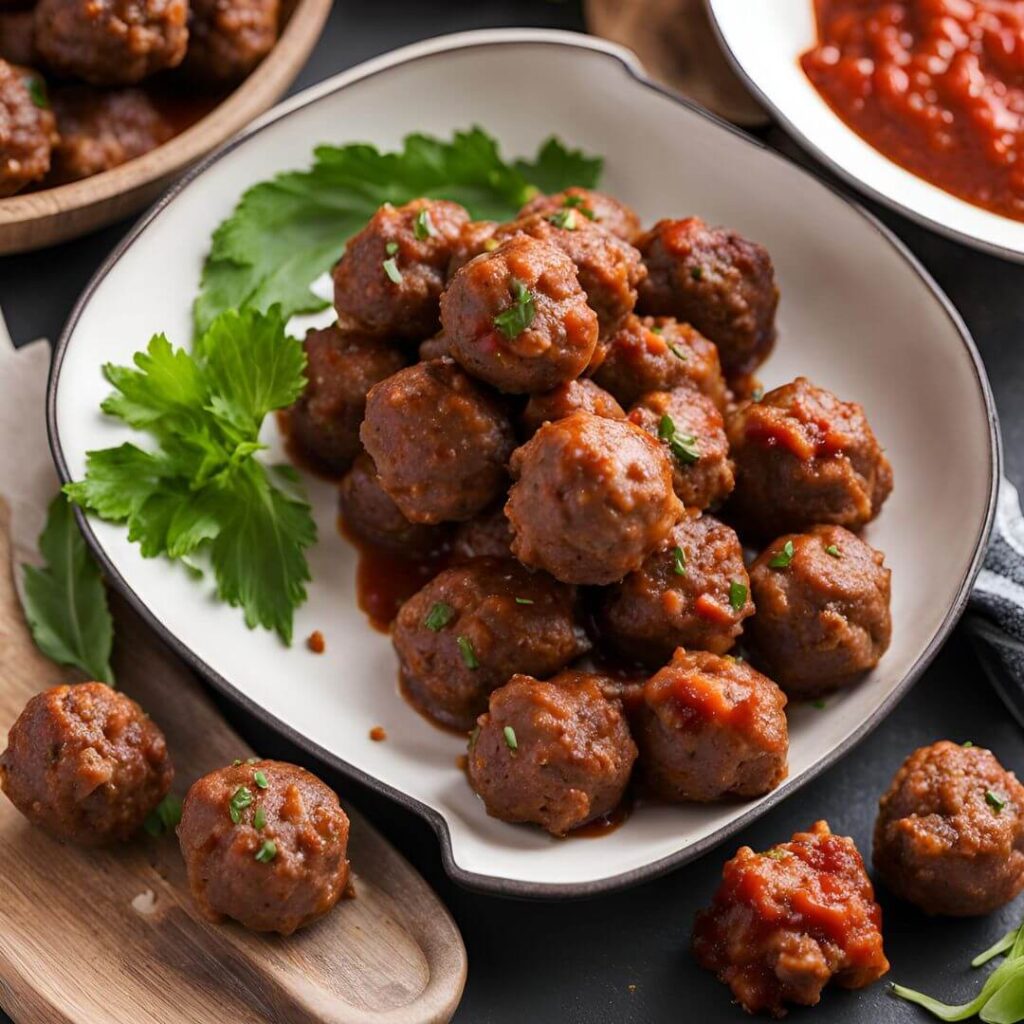 Homemade meatballs placed on a plate, with a crispy exterior and juicy interior, served with a sprinkle of fresh herbs