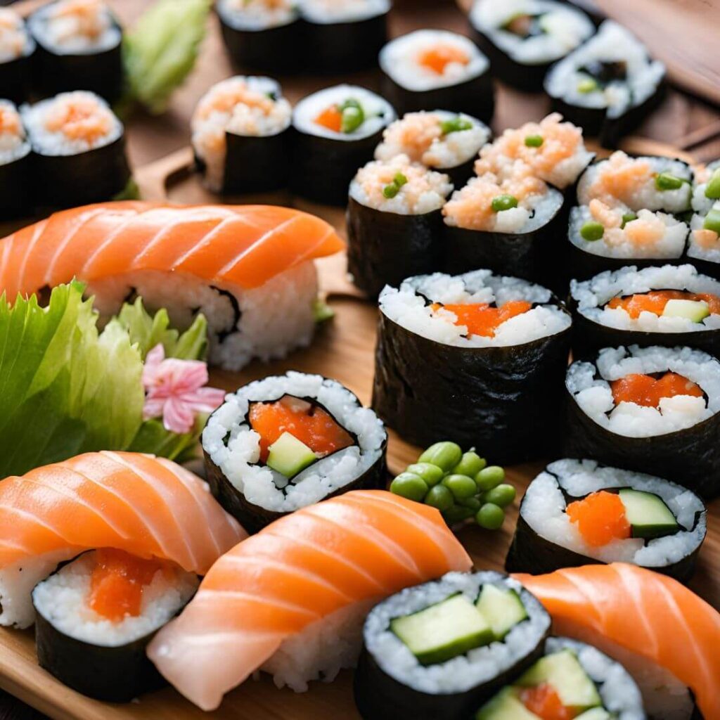 Homemade sushi rolls with fresh ingredients, including slices of fish, avocado, and cucumber, wrapped in seaweed and rice, served with soy sauce and wasabi