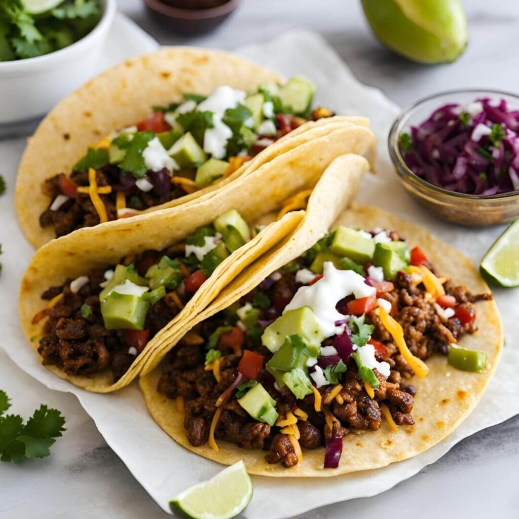 Homemade tacos filled with seasoned meat, fresh vegetables, and garnished with cilantro and lime, served in warm, soft tortillas