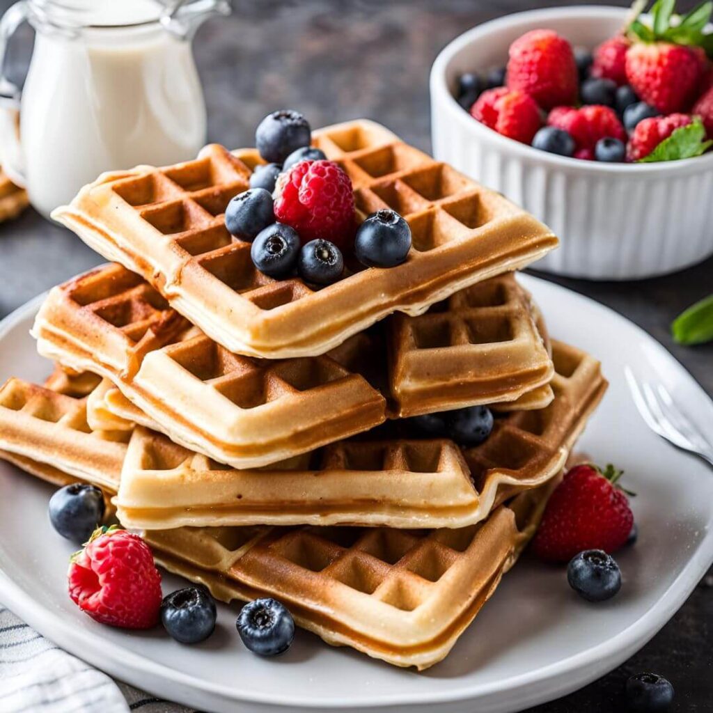 Homemade waffles with a crisp, golden exterior, topped with a dollop of whipped cream and fresh berries, and drizzled with syrup