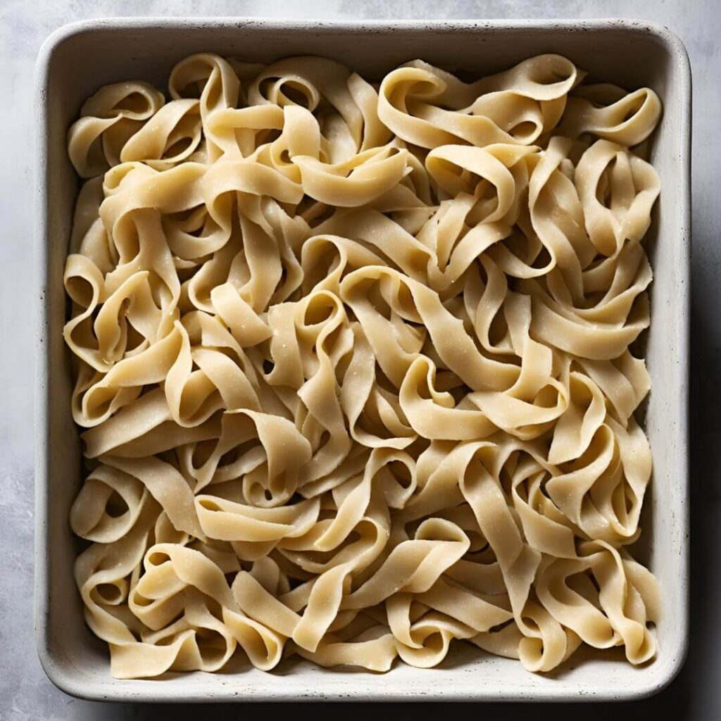 Fresh homemade pasta arranged on a floured surface, showcasing its delicate, hand-rolled texture and various shapes