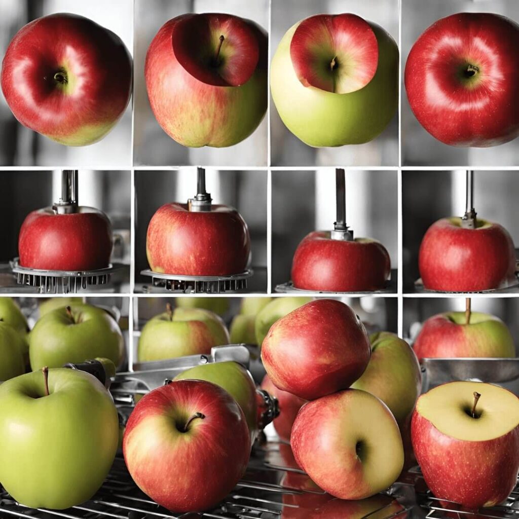 Step-by-step guide on how to core an apple using a knife, with halves laid flat on a cutting board