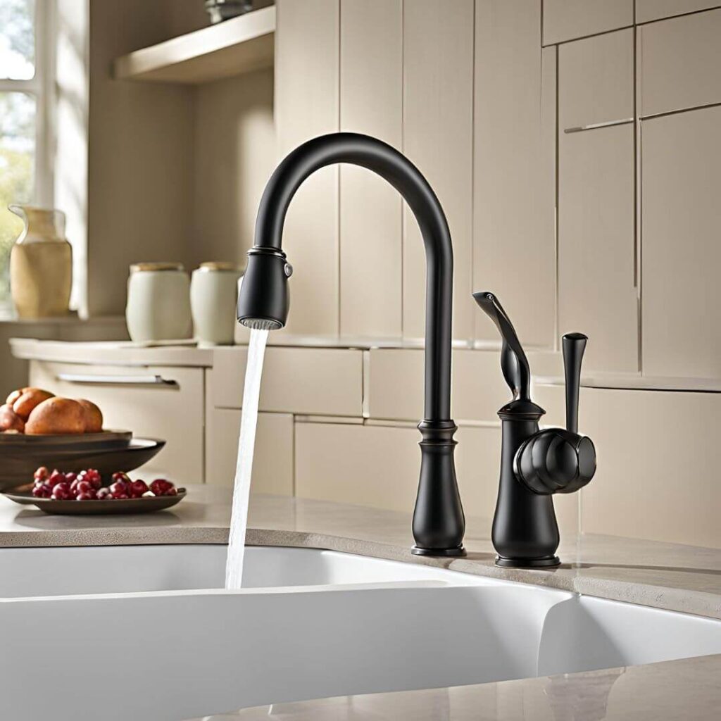 A collection of kitchen sink faucets and soap dispensers, featuring sleek modern designs in stainless steel and matte black finishes, displayed on a white countertop