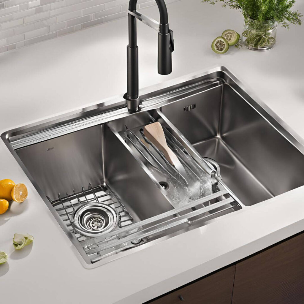 Various kitchen sink accessories including a soap dispenser, a sponge holder, a dish rack, and a pull-out faucet, all arranged around a modern stainless steel sink