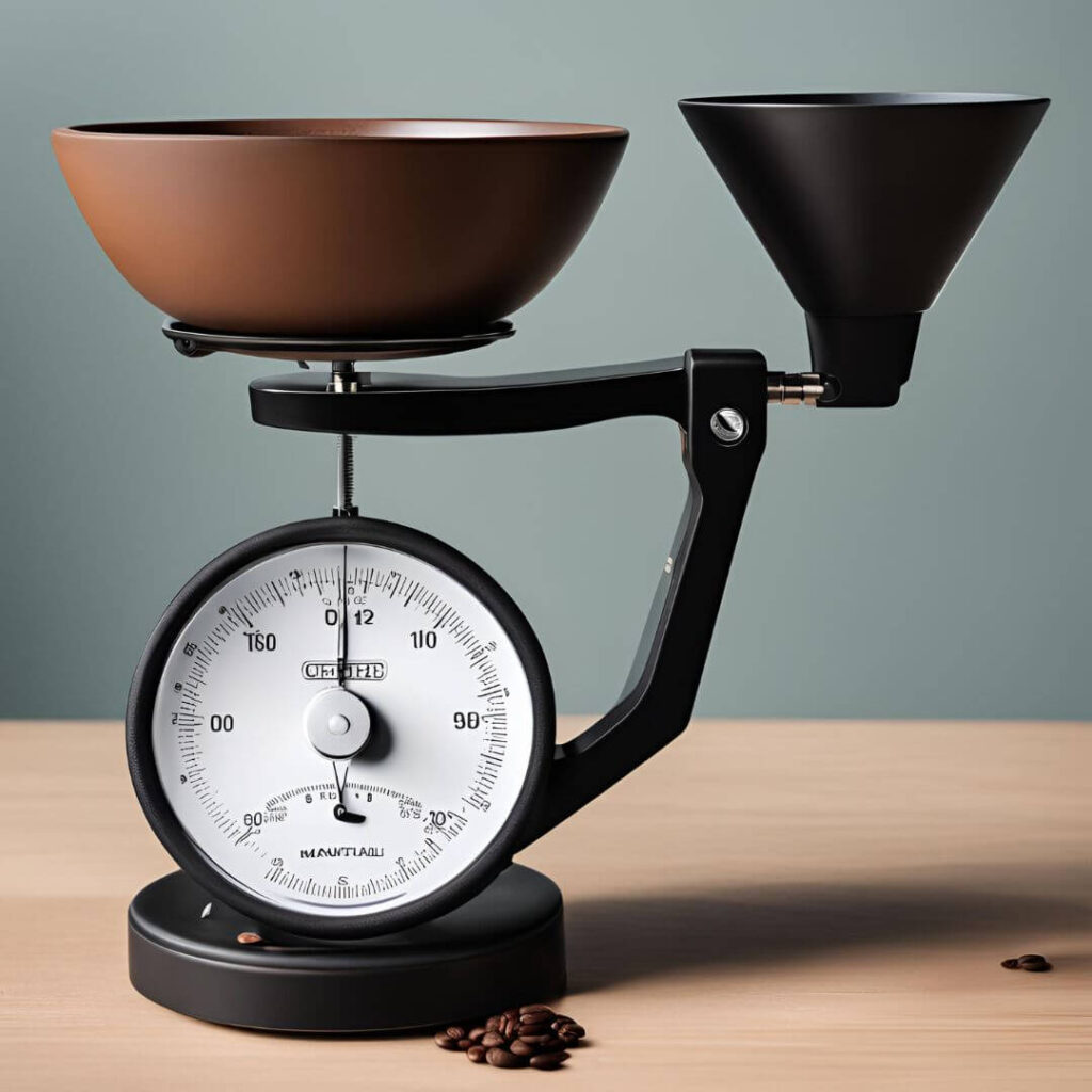 A manual coffee scale with a dial gauge, wooden base, and stainless steel tray, perfect for accurately measuring coffee grounds.