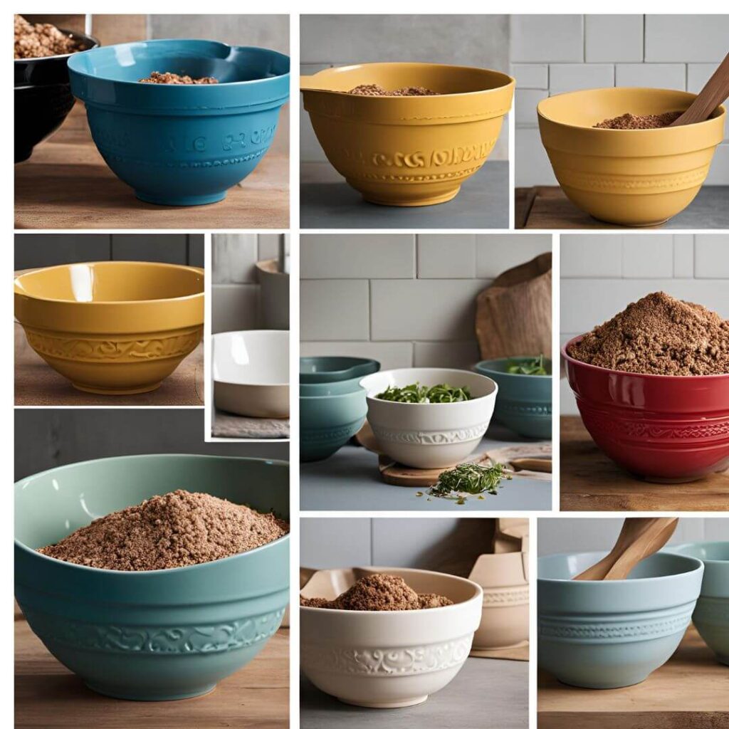 Mason Cash mixing bowls in various sizes and colors displayed on a kitchen countertop