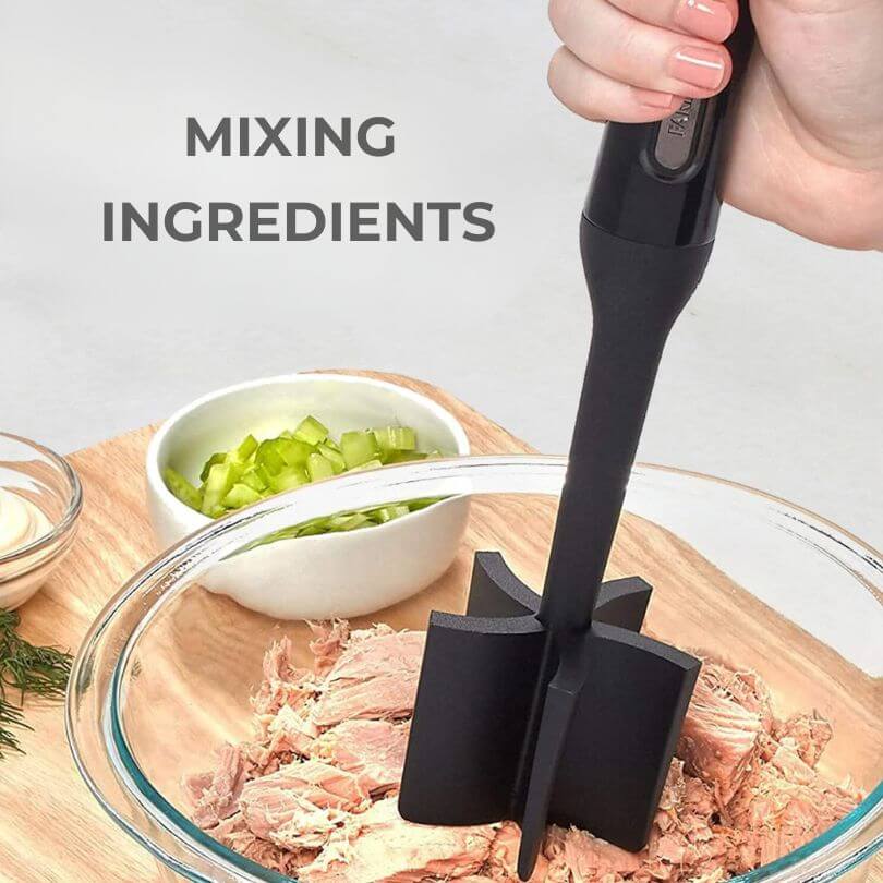 Using a meat chopper to mix ingredients, showing the chopper blending and combining various ingredients in a bowl