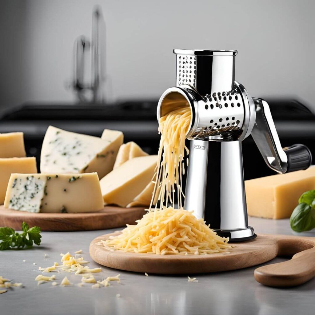 A white rotary cheese grater with a cylindrical drum and a handle for turning, designed for easy grating of cheese and other foods