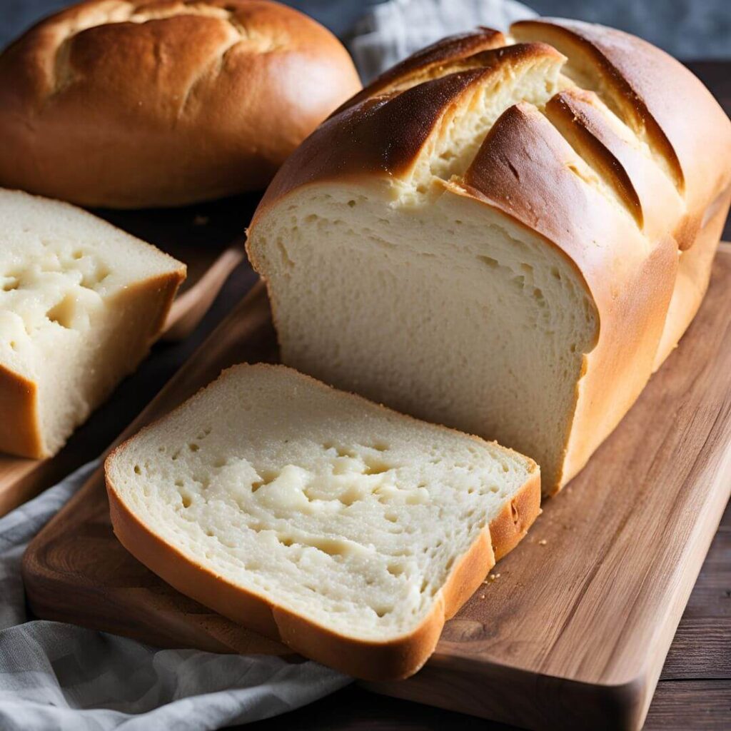 A loaf of classic white bread with a golden crust and soft, airy interior, sliced and ready to serve