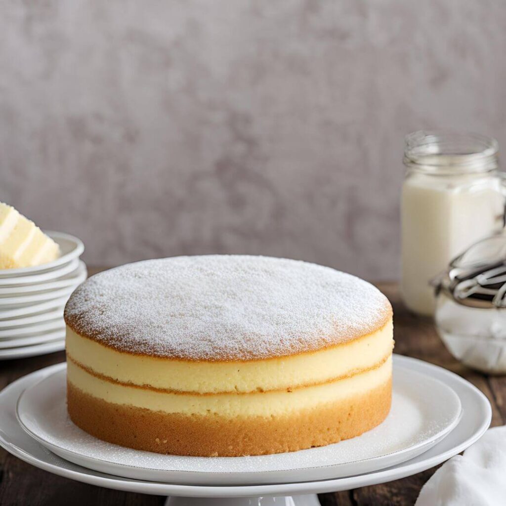 A light and fluffy vanilla sponge cake, elegantly layered and topped with a dusting of powdered sugar