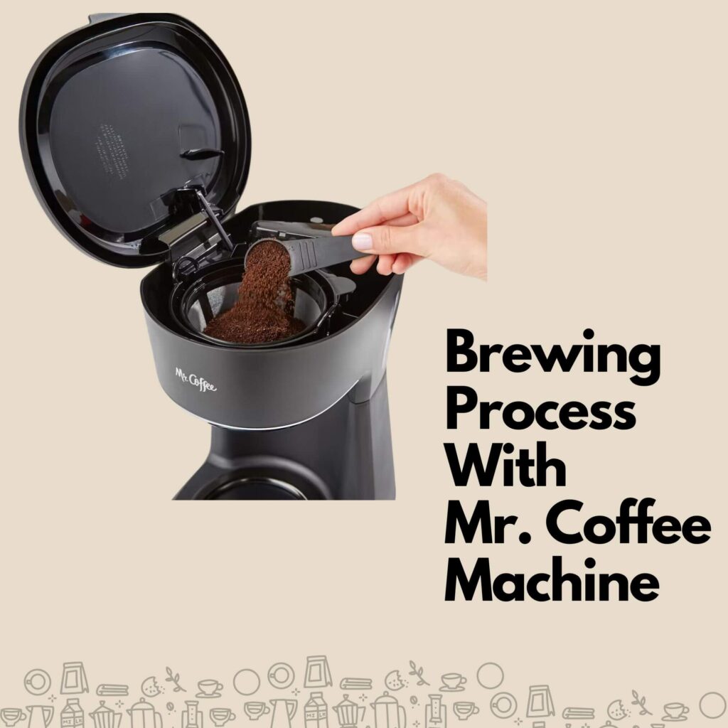 Image showing the brewing process with a Mr. Coffee coffee machine, including steps like filling the water reservoir, adding coffee grounds to the filter, and the coffee brewing in progress.