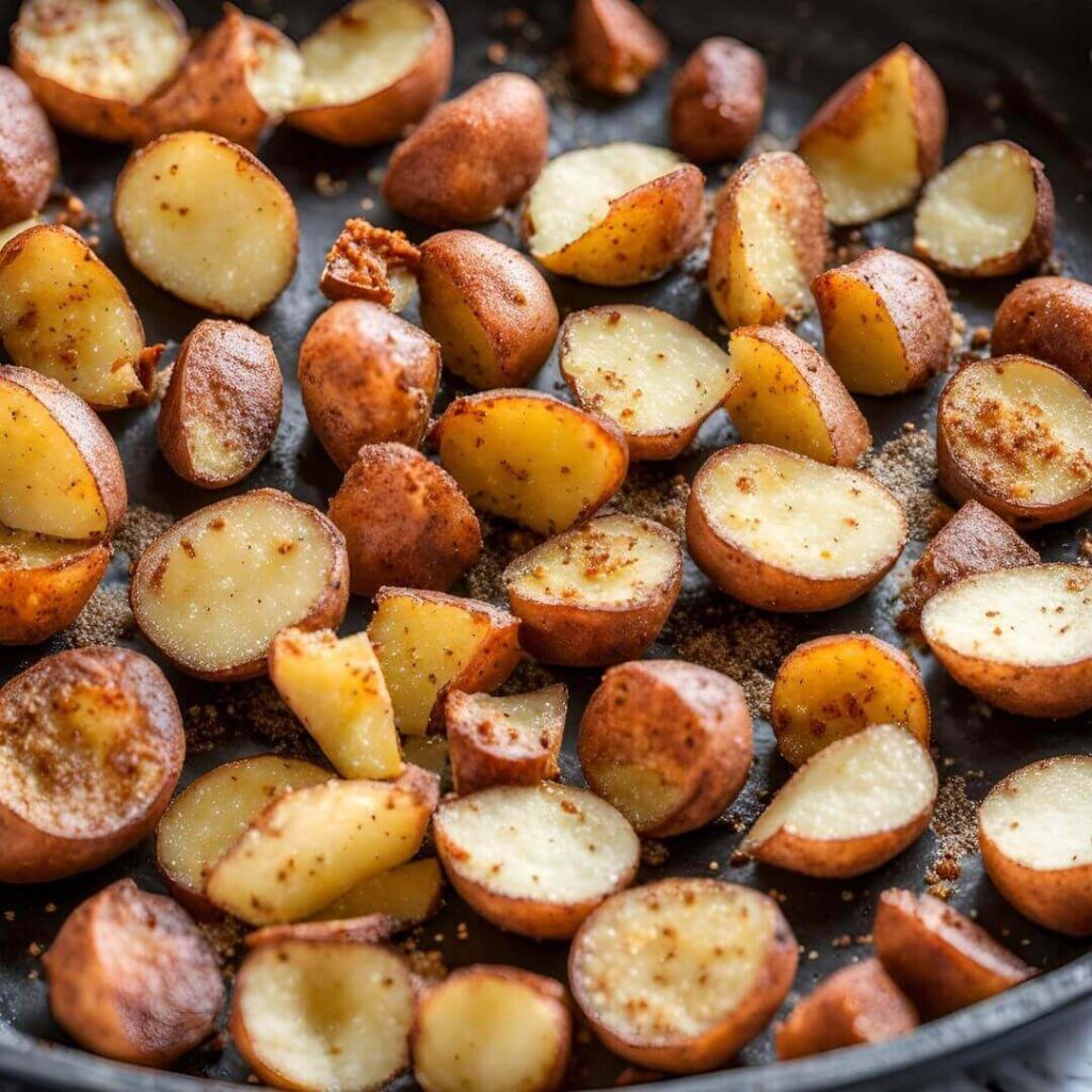 Sliced potatoes in an air fryer basket with various cooking techniques demonstrated, such as shaking the basket and adjusting the temperature