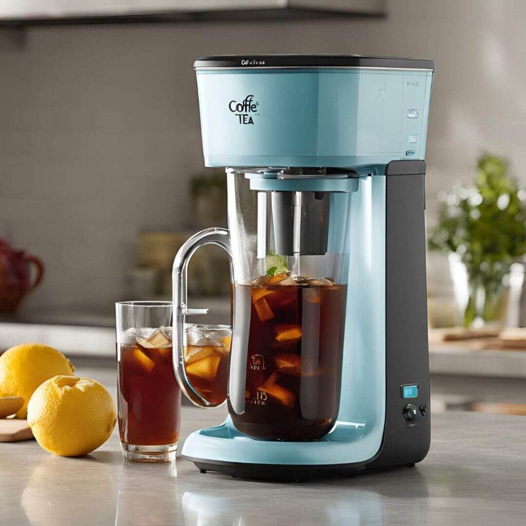 Features of the Iced Tea Maker, including the brew basket, pitcher, control panel, and automatic shut-off function