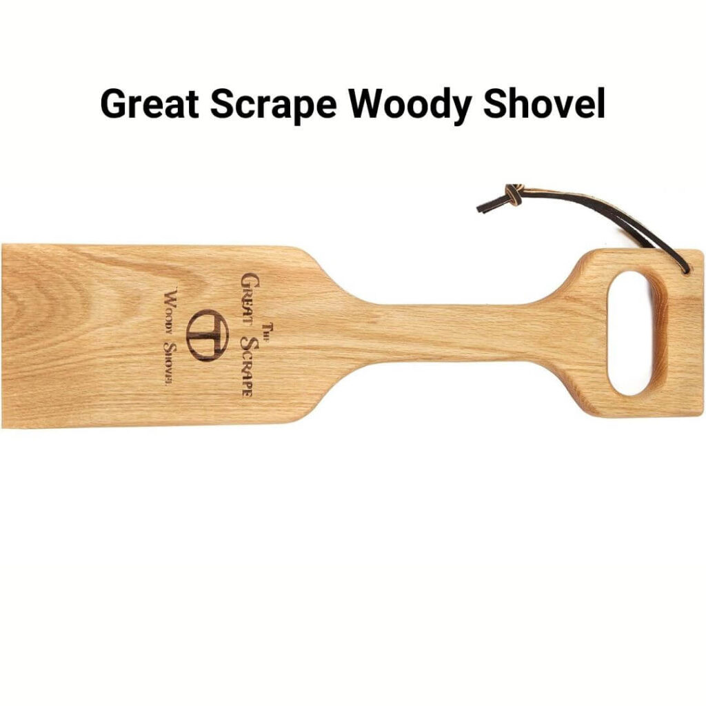 Great Scrape Woody Shovel with a long wooden handle and wide, flat blade for removing grill residue