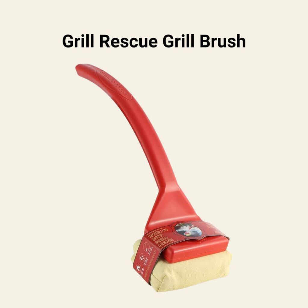 Grill Rescue Grill Brush with a heat-resistant handle and durable cleaning bristles designed for scrubbing grill grates