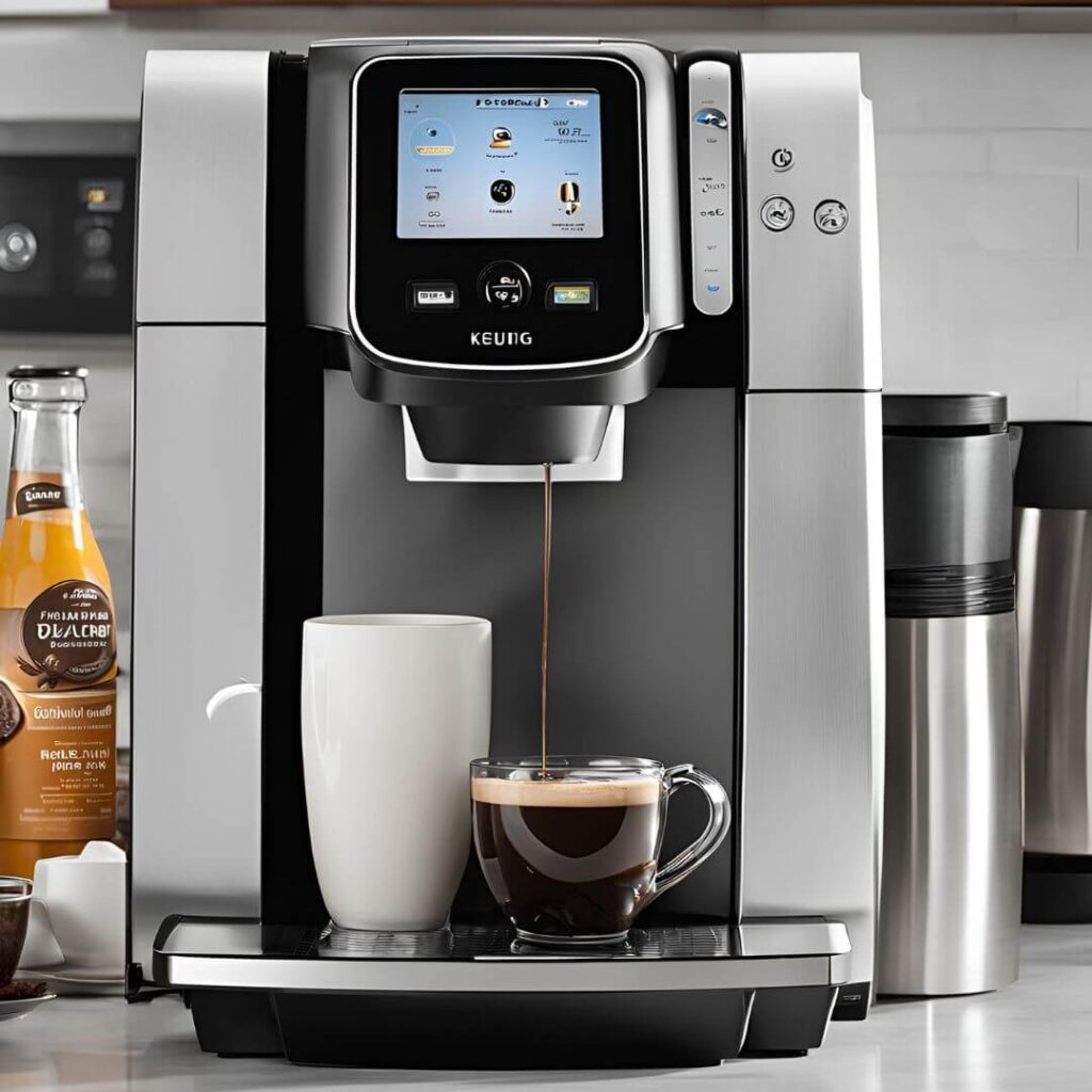 Illustration of a Keurig coffee maker with a focus on error code troubleshooting, showing steps like identifying the code, resetting the machine, and consulting the user manual