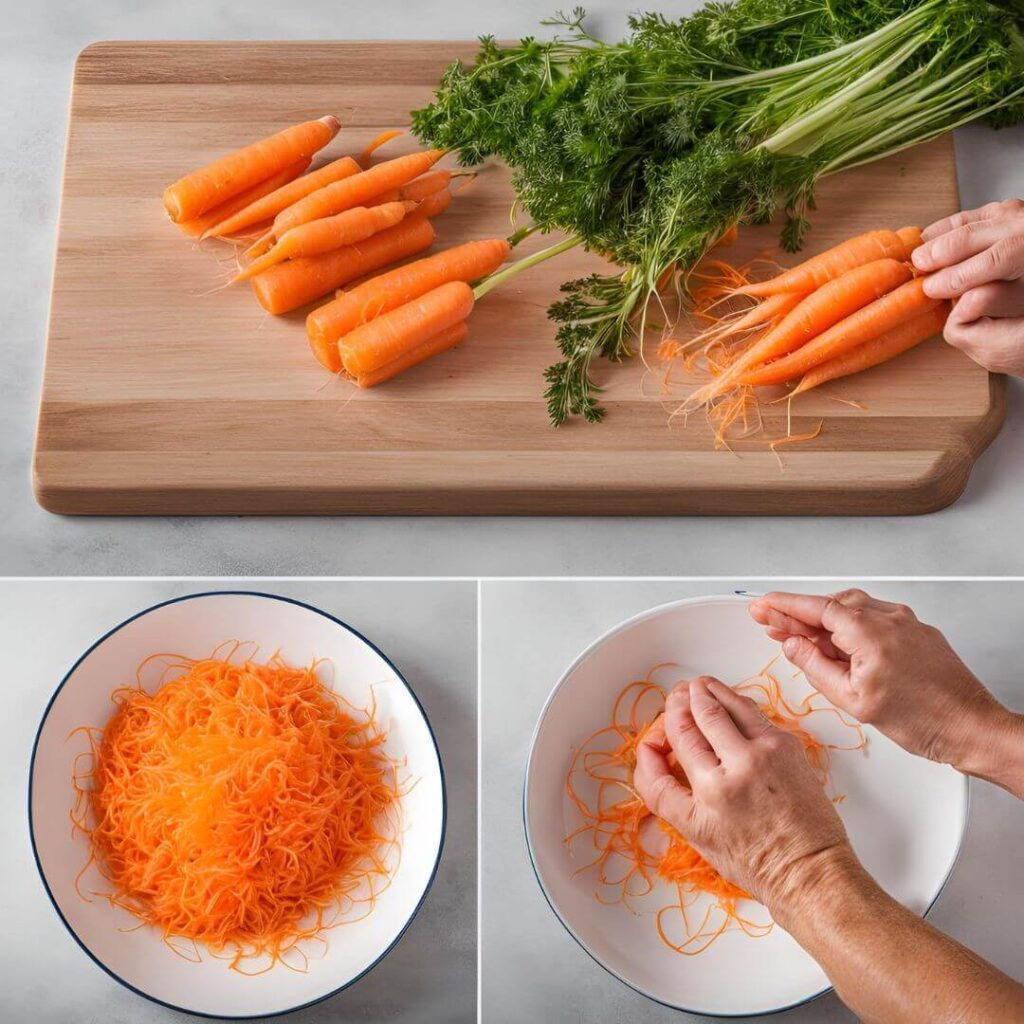 Image showing how to grate carrots, demonstrating the process of grating carrots into small, fine pieces.