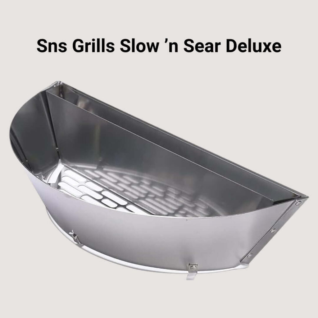 SNS Grills Slow ’n Sear Deluxe with a heavy-duty steel construction and a deep well for effective searing and slow cooking on a charcoal grill