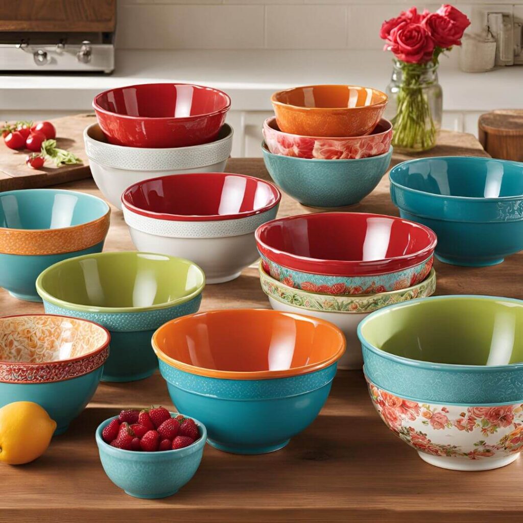 Three Pioneer Woman mixing bowls featuring a stylish floral design and vibrant colors, showcasing their elegant and practical look.