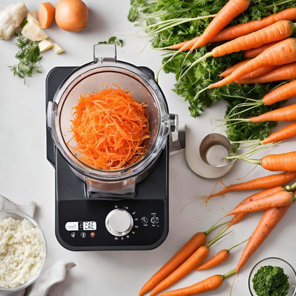 Image of a food processor with a grating attachment in use, grating carrots into uniform pieces as the carrots are fed through the machine.