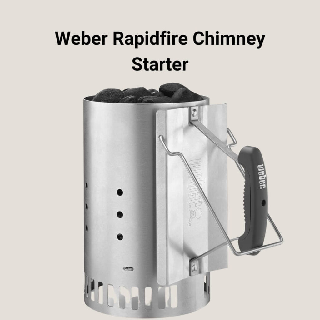 Weber Rapidfire Chimney Starter with a metal construction and ergonomic handle for efficiently lighting charcoal with minimal effort