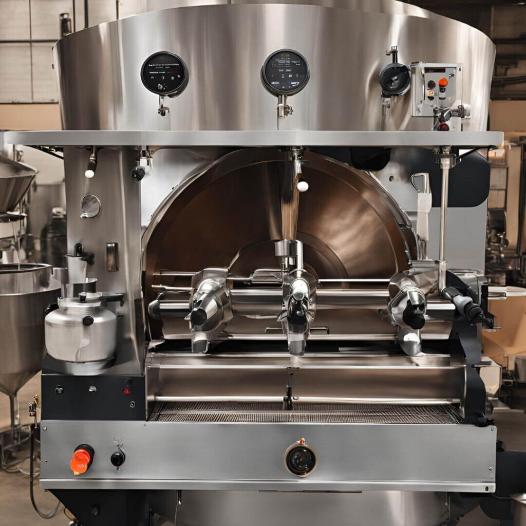 Commercial coffee roaster machine with a sleek stainless steel design, featuring a drum for even roasting and control knobs for precise temperature settings