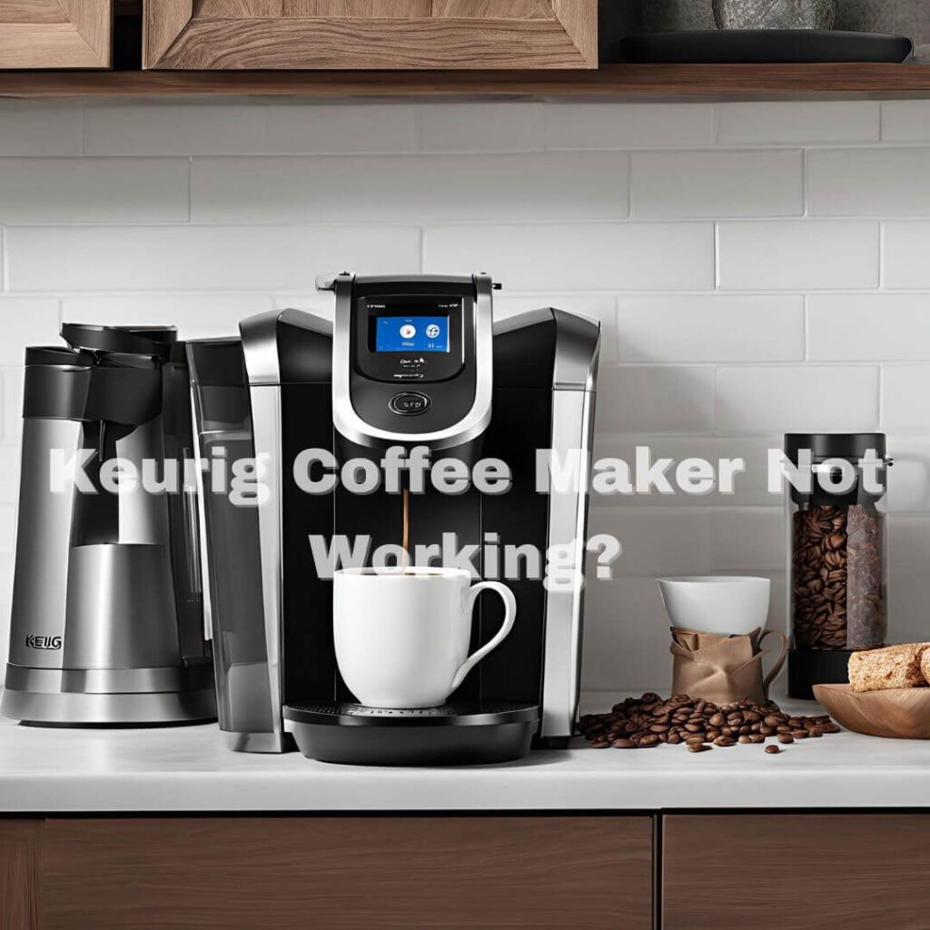 Close-up of a Keurig coffee maker not working with a flashing error light, sitting on a kitchen counter next to a cup and K-Cup pods