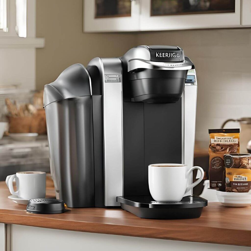 Keurig single pod coffee maker on a kitchen countertop with a cup of coffee brewing