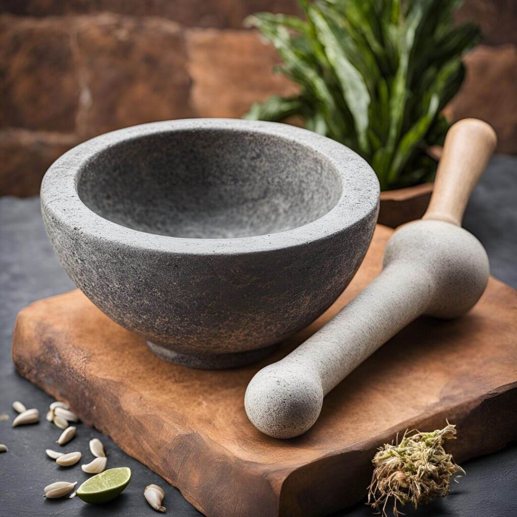 Mexican mortar and pestle, or molcajete, used for grinding spices and making salsas, with traditional stone texture and wooden pestle.