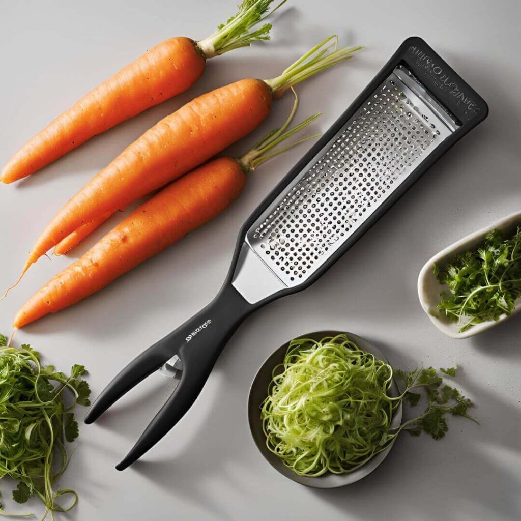 Image of a microplane grater to grate carrots, showing the carrots being rubbed against the grater's surface to produce very fine shreds.