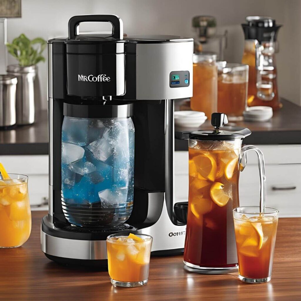 Mr. Coffee Iced Tea Maker with a sleek design, featuring a pitcher, brew basket, and control panel