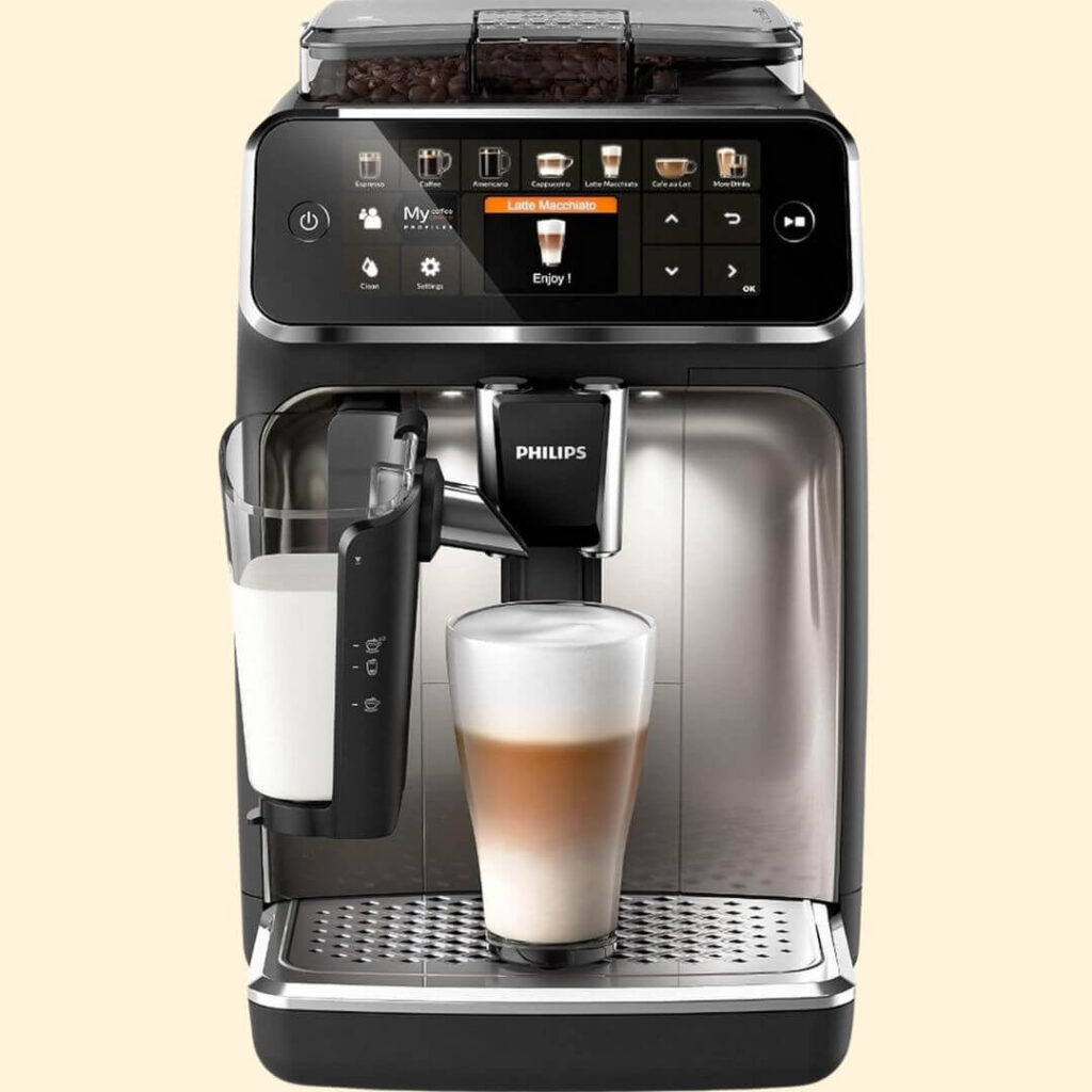 Philips Coffee Machine 5400 with a sleek design, high-resolution touchscreen, and multiple coffee options on display.