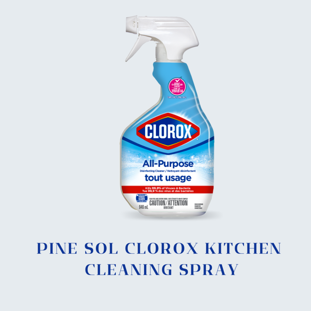 Pine Sol Clorox Kitchen Cleaning Spray bottle with label showing its cleaning and disinfecting features