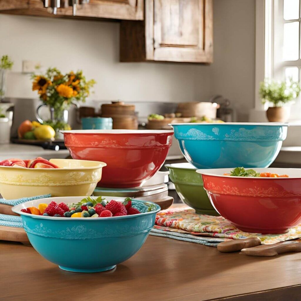 A set of Pioneer Woman mixing bowls with floral patterns and vibrant colors, made from durable materials.