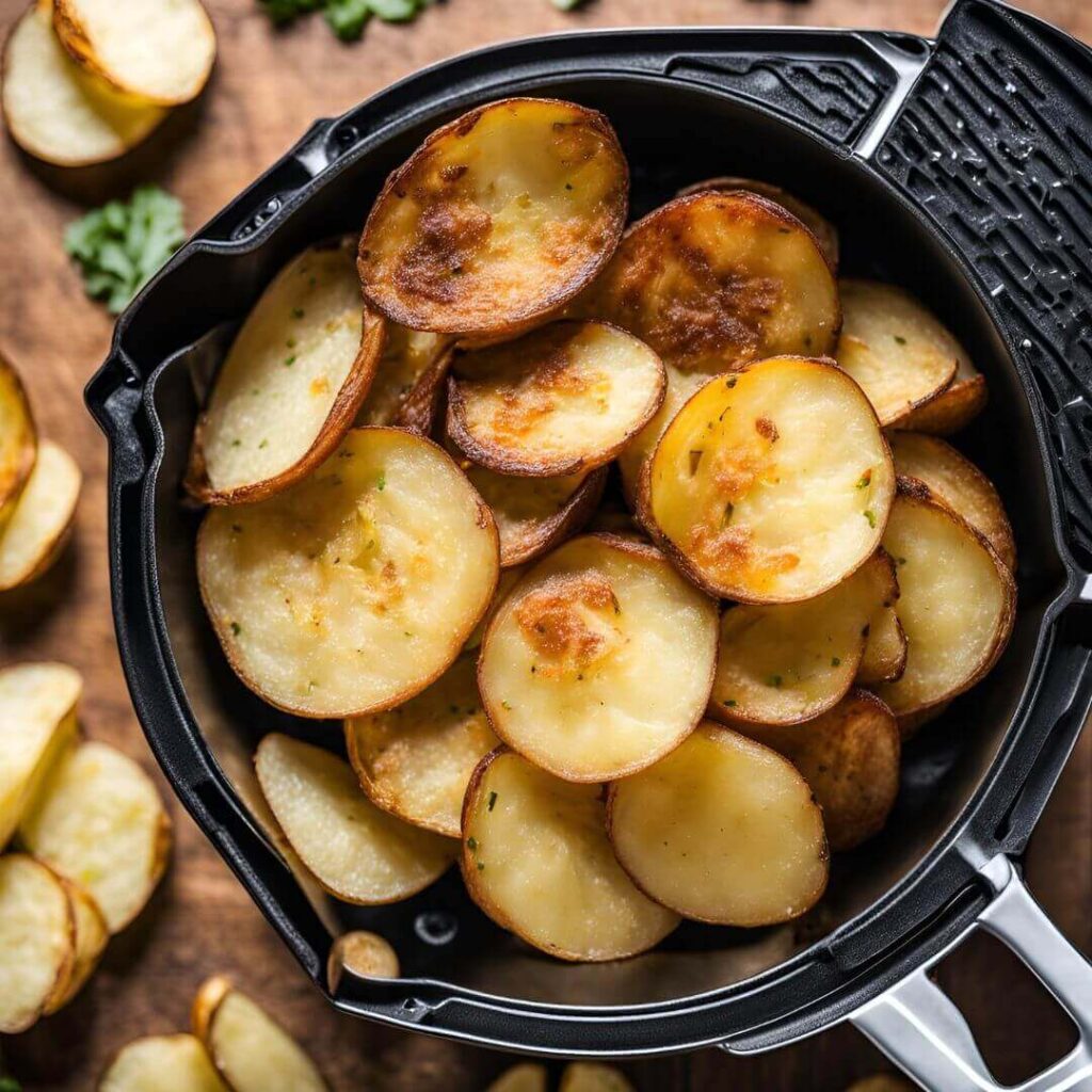 Sliced potatoes cooking in  air fryer, showing a golden and crispy texture