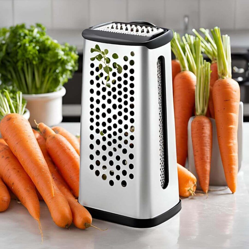 Image of a a box grater to grate carrots, demonstrating the process of rubbing the carrots against the grater to create fine pieces.