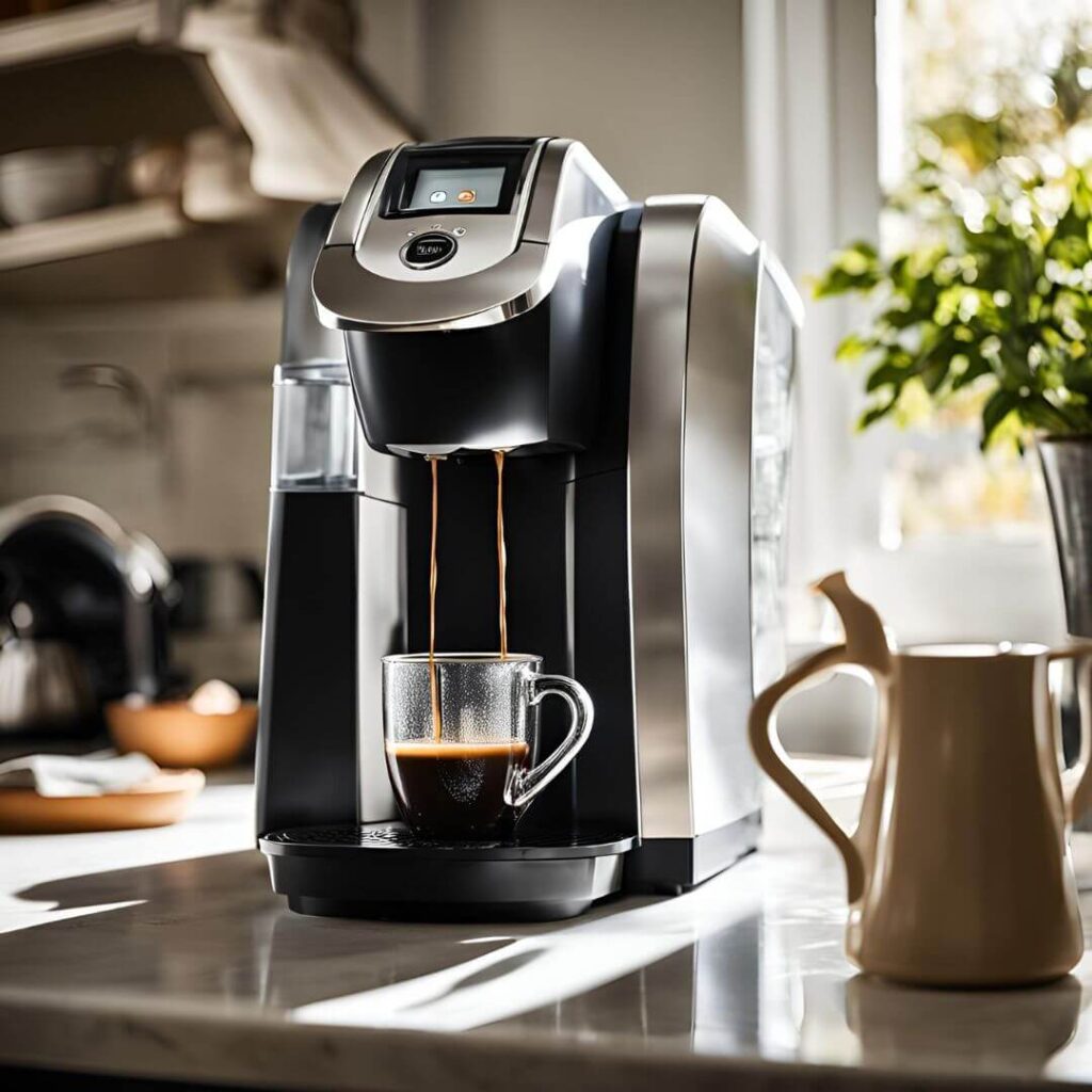 A close-up of a Keurig coffee maker with water pooling underneath, indicating a leak. The image shows the machine's water reservoir and coffee cup area, highlighting the issue of leakage.