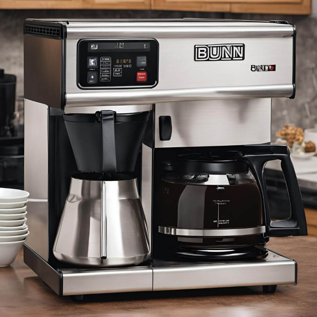 Step-by-step guide on how to clean a BUNN coffee maker, featuring cleaning supplies like dish soap and warm water, and showing the process of descaling and maintaining the machine for optimal performance