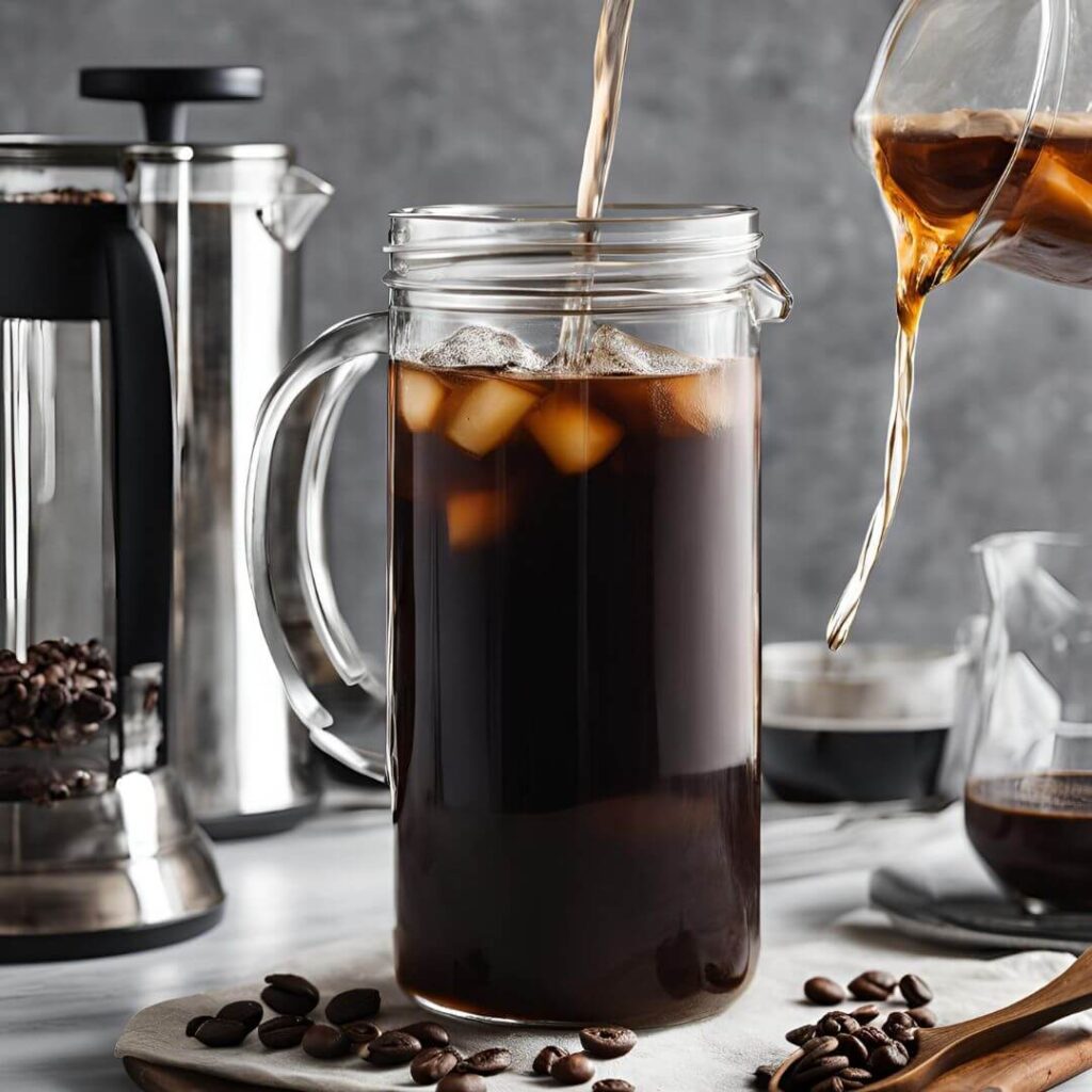 A step-by-step guide on how to make cold brew coffee using a French press, featuring ingredients like coarsely ground coffee and water, along with the brewing process in progress.