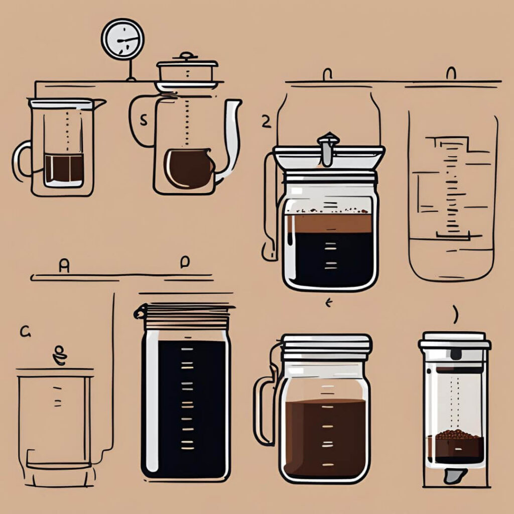 A visual guide illustrating the coffee-to-water ratio for making cold brew coffee with a French press, featuring measuring cups and a clear ratio chart